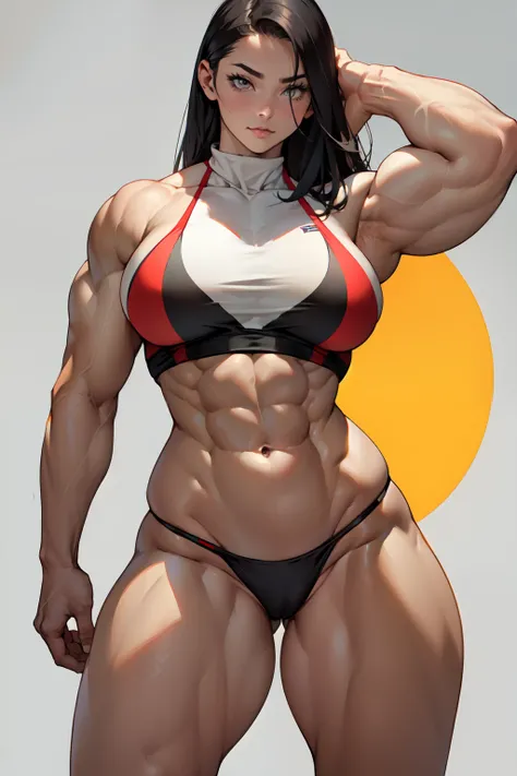 ((((1girl bodybuilder muscular)))) pale skin black hair very long hair yellow eyes long abs ((curvy wide hips thick thighs huge breasts grey background))