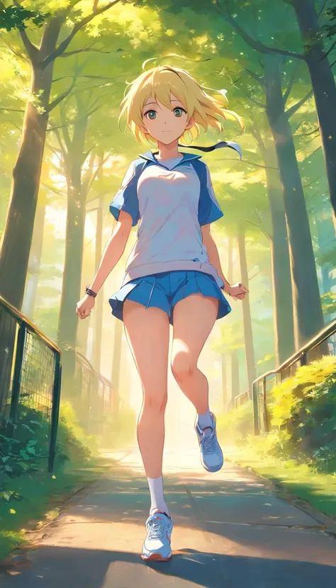 best qualtiy， tmasterpiece， 超高分辨率， realisticlying， 1 girl， long  white hair，Heterochromic pupils，Long legs，With a headset，Sports bras，head looking up，cheerfulness，Light yellow tube stockings，Light yellow sneakers，running in the park，wide angles