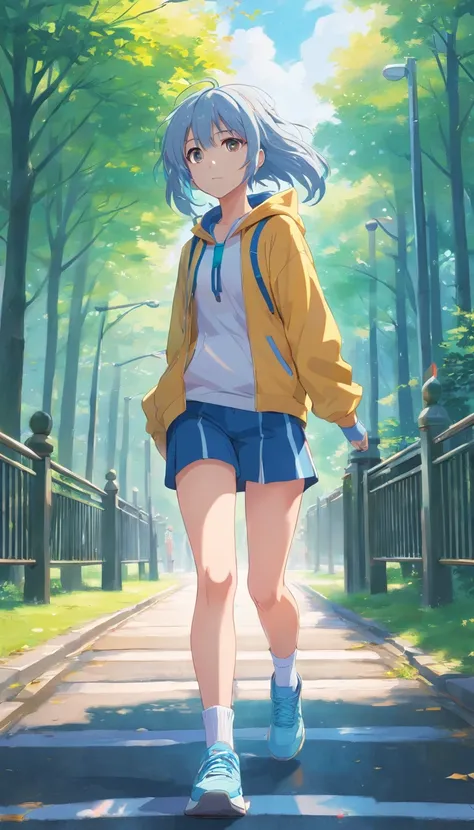 beste-Qualit， tmasterpiece， extra high resolution， Realistic， 1 girl， long gray hair，Heterochromic pupils，long legs，with headset，Hoodie Set，The head looks up，cheerfulness，Pale Yellow Tube Socks，Light Blue Sneakers，running in the park，Wide angles