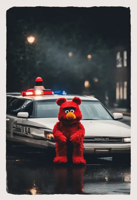 Elmo who is a red puppet with a orange nose is wearing a black hoodie in the pouring rain sitting down he is upset looking down at the ground it’s night time and u can see the rain going down he is upset and there is a gun in his hand and he is in hand cuf...