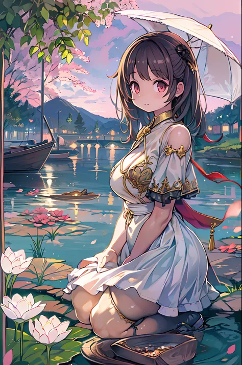 (High quality, 8K, Original Character), (fact: 1.5), (masutepiece, Best Quality, High resolution: 1.2), girl, summer evening, (smooth texture of stockings: 1.5), sexy skirt, Delicate eyes, Delicate images, Boat, River, Face to camera, A large lotus flower ...