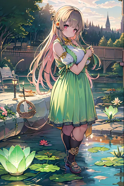 (High quality, 8K, Original Character), (fact: 1.5), (masutepiece, Best Quality, High resolution: 1.2), girl, summer evening, (smooth texture of stockings: 1.5), sexy skirt, Delicate eyes, Delicate images, Boat, River, Face to camera, A large lotus flower ...