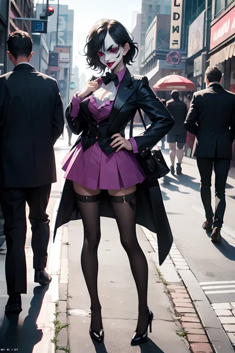 Joker dressed as a young bimbo, full body shot, on the crowded street