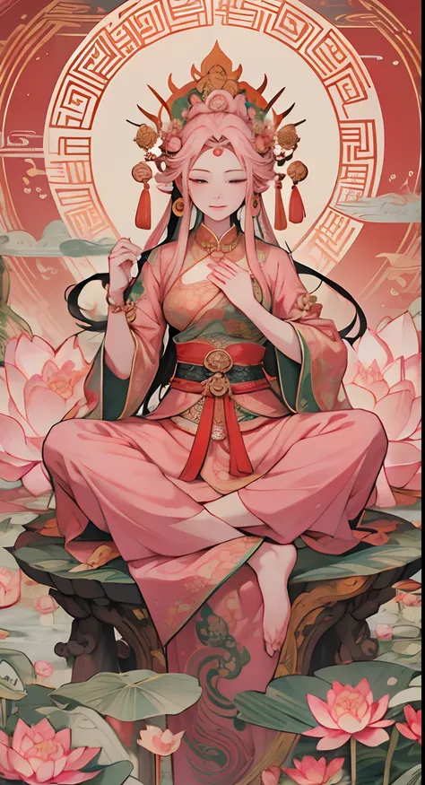 ancient chinese goddess, pink there、guanyin of the southern seas, guanyin, Inspired by India, Avalokiteşvara rides a dragon，,serene expressions,shui mo hua,Buddha,budista,lotuses,chinese painting style,Thangka style、pink there