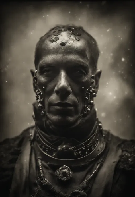 Old wet plate daguerreotype dystopian portrait of biomechanical cyborg with crackling skin, Explosion von leuchtenden Datenfragmenten, Fraktale, kompliziert, elegant, Highly detailed, Avantgardistische Parallaxe, Brutalismus, Leica, Mittelformat, sub-surfa...