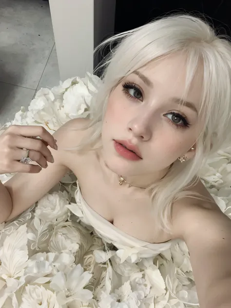 mujer rubia con cabello blanco y un vestido blanco acostado en un lecho de flores, pale porcelain white skin, Ava Max, extremely pale blond hair, Chica perfecta de pelo blanco, white pale skin, extremely pale white skin, Retrato de Kim Petras, Chica con el...