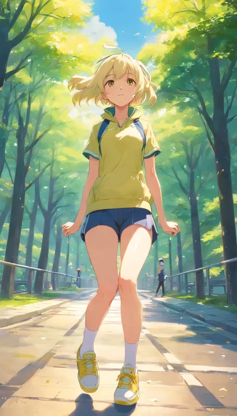 best qualtiy， tmasterpiece， 超高分辨率， realisticlying， 1 girl， long  white hair，Heterochromic pupils，Long legs，With a headset，（Sports bras），head looking up，cheerfulness，Light yellow tube stockings，Light yellow sneakers，Dance in the park，wide angles