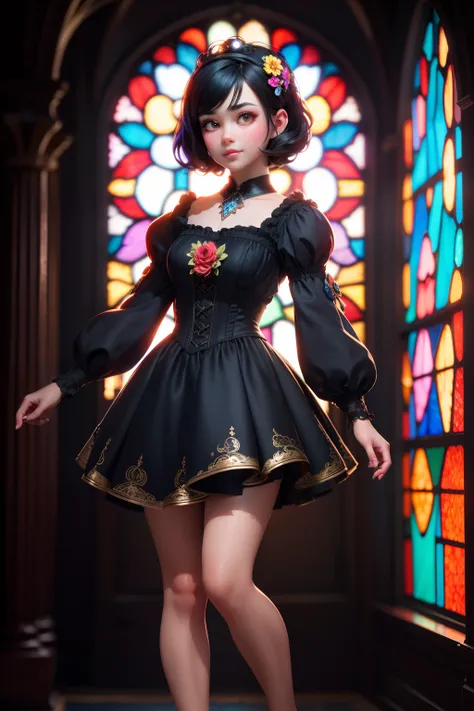 3dmm style, (masterpiece, best quality), intricate details, 1girl, solo, black hair, flower hair clip, short black dress, looking at the viewer, Stained glass style art of full body portrait of a beautiful girl in costume 、colourfull、Photorealsitic、highcon...