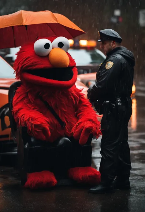 Elmo who is a red puppet with a orange nose is wearing a black hoodie in the pouring rain sitting down he is upset looking down at the ground it’s night time and u can see the rain going down he is upset and there is a gun in his hand and he is in hand cuf...