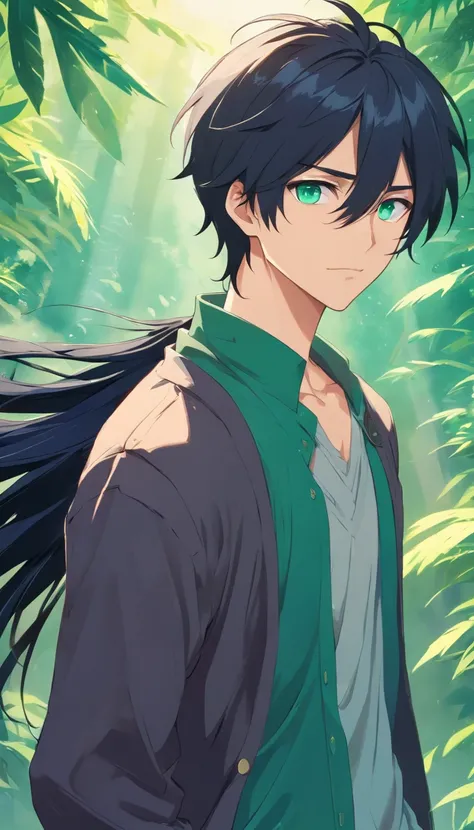 male character with his long raven-black hair and piercing emerald eyes, kingdom & casual wear