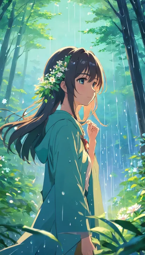 anime girl with long hair and flowers in her hair, beautiful anime artwork, style of anime4 K, anime art wallpaper 4k,rainy day，windows，the woods，rain drops