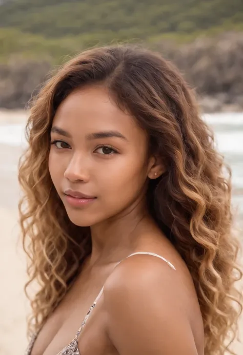 a pretty blasian girl with long brown curly hair with blonde highlights and edges and dimples and braces with hazel eyes ,highly detailed, wearing bikini at a beach