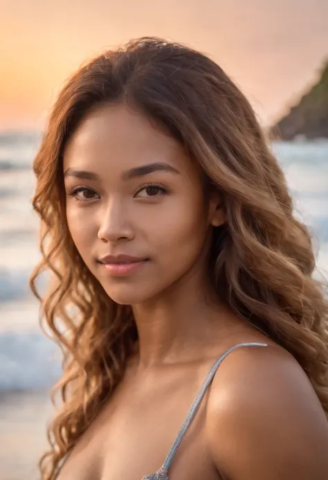 a pretty blasian girl with long brown curly hair with blonde highlights and edges and dimples and braces with hazel eyes ,highly detailed, wearing bikini at a beach