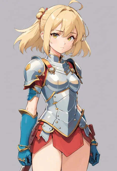 Blank background, character sheet, warrior girl, young, loli, flat chest, blonde hair, skimpy armor, same character, reference sheet, small breasts