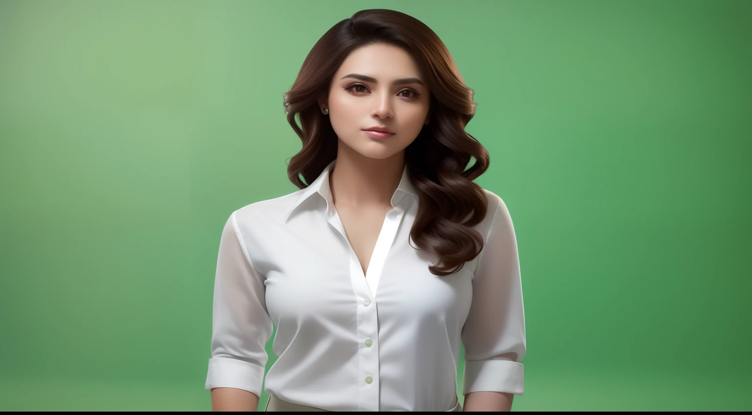 arafed woman in a white shirt and green pants posing for a picture, wearing white shirt, portrait of modern darna, maya ali, clothed in white shirt, a beautiful woman in white, beautiful female model, fine white shirt, elegant confident pose, woman model, ...