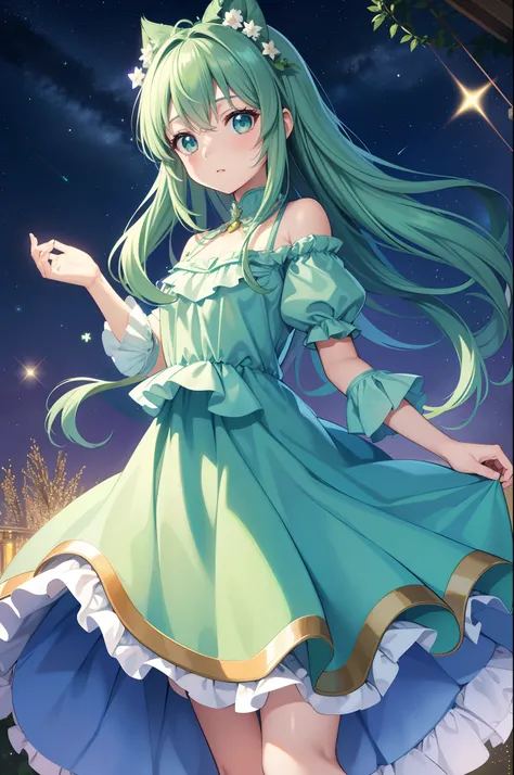 1 girl in、Blue Long Hair、Twin-tailed、Green eyes、Drawn from a specific angle、Looking at the camera、delicate finger、beautiful ilumination、fuffy dress、Light green skirt，Stars are shining in the night sky(High resolution of the highest quality)、((Masterpieces ...