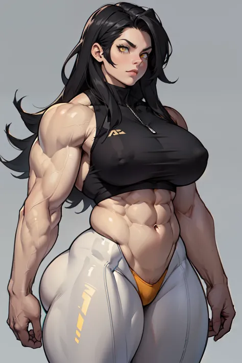 ((((1girl bodybuilder muscular)))) pale skin black hair very long hair yellow eyes long abs ((curvy wide hips thick thighs huge breasts grey background)) skintight