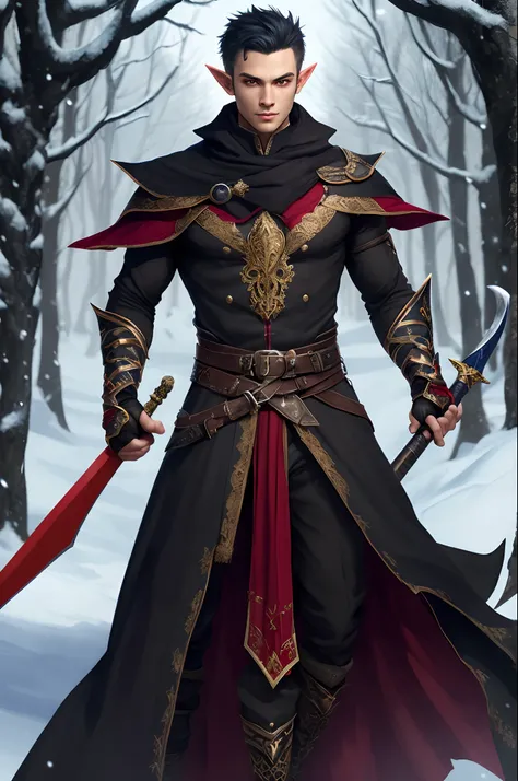 Male Black winter elf warlock scimitar