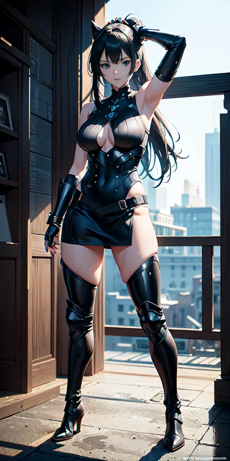 Full body view, (masterpiece, best quality), (dramatic), gritty, intense, anime character, dynamic fighting pose, 1girl only, black hair, (Hairstyle: tied), (80% Wearing futuristic armor), Armored gauntlets, with 50% miniskirt, Knee-high boots with high he...