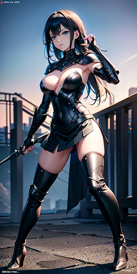 Full body view, (masterpiece, best quality), (dramatic), gritty, intense, anime character, dynamic fighting pose, 1girl only, black hair, (Hairstyle: tied), (80% Wearing futuristic armor), Armored gauntlets, with 50% miniskirt, Knee-high boots with high he...