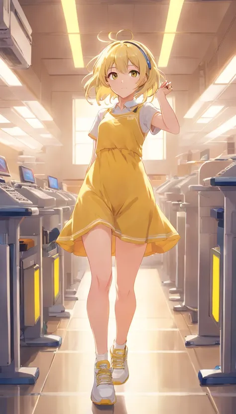 best qualtiy， tmasterpiece， 超高分辨率， realisticlying， 1 girl， long  white hair，Heterochromic pupils，Long legs，With a headset，（laced dress），cheerfulness，Light yellow tube stockings，Light yellow sneakers，Sing in the practice room，wide angles