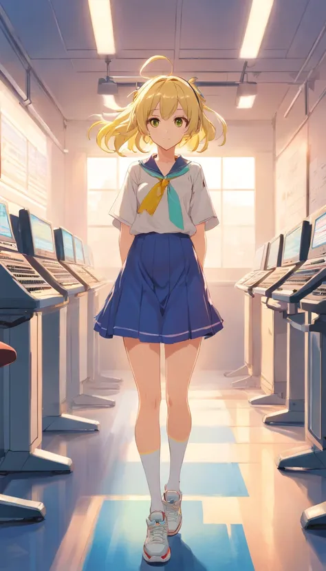 best qualtiy， tmasterpiece， 超高分辨率， realisticlying， 1 girl， long  white hair，Heterochromic pupils，Long legs，With a headset，（laced dress），cheerfulness，Light yellow tube stockings，Light yellow sneakers，Sing in the practice room，wide angles