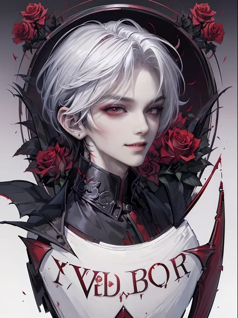 ((4K works))、​masterpiece、（top-quality)、((high-level image quality))、((One beautiful vampire man))、Slim body、((Vampire Black Y-Shirt Fashion))、(Detailed beautiful eyes)、((Red roses and crows on fantastic black background))、Inside the Evil Castle、((Face sim...