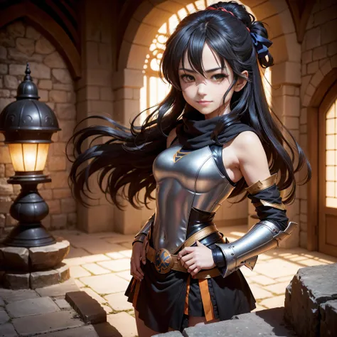 taking photographs:Majik Yagur, Teenage girl in black knight armor, Angry smile, In the style of Kyoto Animation in the 2010s, Official art, ((((Black hair)), Haruhi Suzumiyas eyes, Haruhi Suzumiyas face)), beautiful symmetrical face, Ponytail, In a mediev...