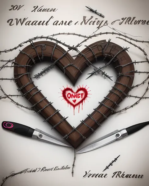 A graphic for a band logo of a heart made of out razor wire with the words "So Vain" wirtten in cursive in the middle of the heart. The razors of the razor wire are dripping with blood. Some of the razors are rusted and chipped.