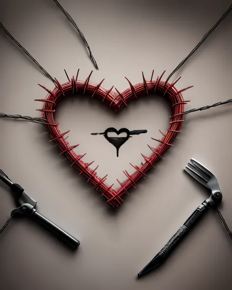 A graphic for a band logo of a heart made of out razor wire with the words "So Vain" wirtten in cursive in the middle of the heart. The razors of the razor wire are dripping with blood. Some of the razors are rusted and chipped.