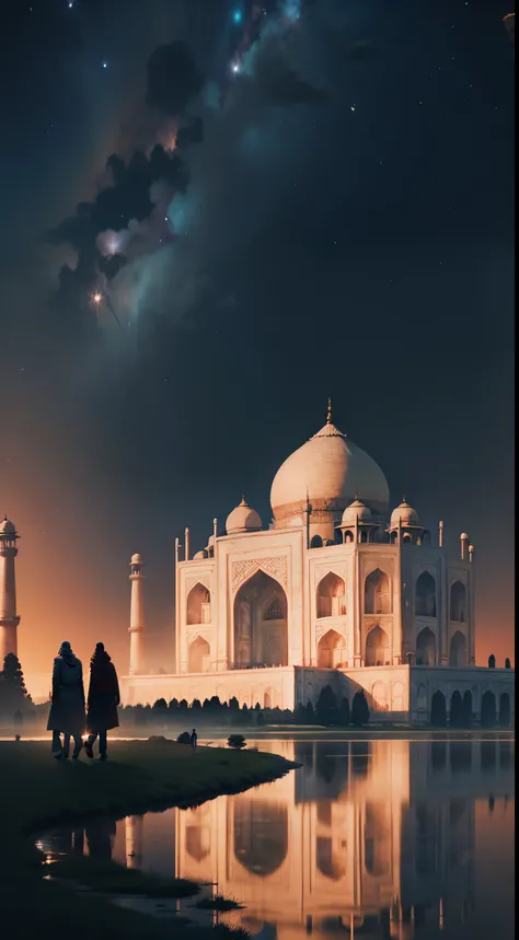 Taj Mahal, mountain, man walk, night, stary night, beautiful sky