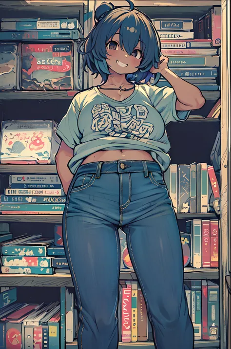 Best Quality, 1girl in, ((Looking at Viewer)), Dark blue hair, Black eyes, Very short hair, spiky hair, Ahoge, T-shirt, high-waisted jeans, 171cm, hair messy, hair between eye, medium breasts, Large breasts, Plump, Dark skin, Tomboy, Adult, 20 years old, 1...