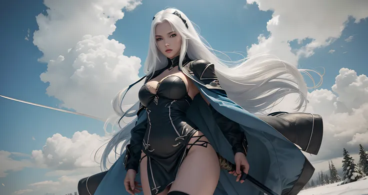 a sexy woman, beautiful face, long white hair, walking on snow field, a sword on her hand, sexy body, long leg, pale skins, fair skins, black bandage cover her eyes, wearing blue sexy dress and jacket, slim body, white skins