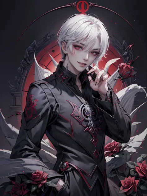 ((4K works))、​masterpiece、（top-quality)、((high-level image quality))、((One beautiful vampire man))、Slim body、((Vampire Black Y-Shirt Fashion))、(Detailed beautiful eyes)、((Red roses and crows on fantastic black background))、Inside the Evil Castle、((Face sim...