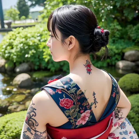 masutepiece, of the highest quality, Best Quality, Official art, Beautiful and aesthetic:1.2),1girl in, The tattoo, Solo, Komono, Red and black kimono, Hair Ornament, unsheathing, Black hair, scabbard, back tattoo, Dragon tattoo, Blue eyes, off shoulders, ...