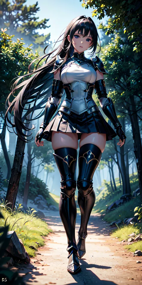 Full body view, (masterpiece, best quality), (dramatic), gritty, intense, anime character, dynamic fighting pose, 1girl only, black hair, (Hairstyle: tied), (50% Wearing futuristic armor), Armored gauntlets, with 30% miniskirt, Thigh high boots with high h...