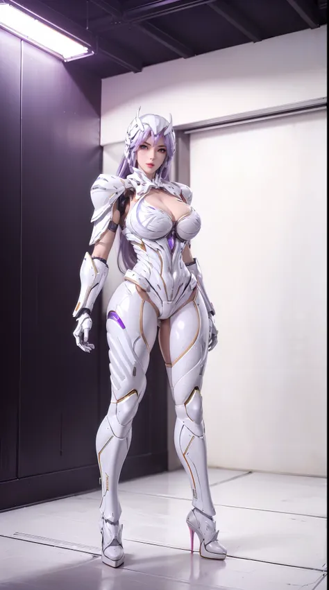 (1GIRL), (ssmile, red_libs, white_hair), (mecha helmet:1.2), (BIG BUTTOCKS, HUGE FAKE BOOBS, CLEAVAGE:1.4), (PHOENIX MECHA GUARD ARM, GLOVES:1.3), (purple, white, MECHA CYBER SHINY ARMORED SUIT, MECHA SKINTIGHT PANTS, GUARD ARMOR LEGS, HIGH HEELS:1.5), (MU...