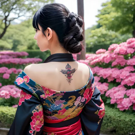 masutepiece, of the highest quality, Best Quality, Official art, Beautiful and aesthetic:1.2),1girl in, The tattoo, Solo, Komono, Red and black kimono, Hair Ornament, unsheathing, Black hair, scabbard, back tattoo, Dragon tattoo, Blue eyes, off shoulders, ...