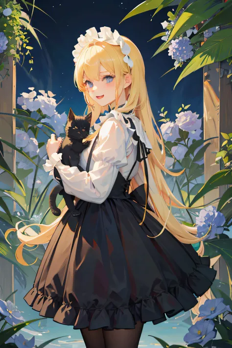 A little blonde girl dressed in Lolita，Holding a tsundere black kitten，Surrounded by plants and blue flowers，happy laugh