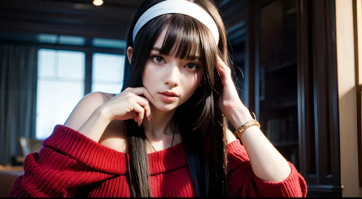 Yor Forger, beautiful, graceful, slender, curvaceous, long hair, straight hair, black hair, beautiful hair, short bangs, ((red eyes)), ((white headband)), ((wears an off-shoulder sweater)), (((red sweater))), large breast, cleavage, 27 years old, white ski...