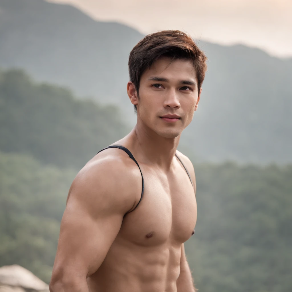 1 man，1 male,Realistic, (Masterpiece, Top quality, Best quality, offcial art), Very detailed, Most detailed, God, Short hair, Black hair, Handsome man, necklace, pectoral, Abs, Brown skin, Black eyes, Handsome， Muscular, ((Wide shoulders and wide waist)), ...