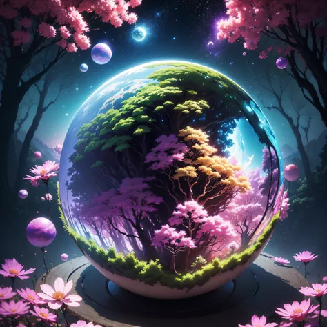 (((masutepiece))) (((Best Quality))) glass sphere, The tree々Close-ups of planets with lots of, Overgrown planet, Green Planet, World of Fractals, A world full of fantasy, Fantasy Planet, dyson sphere, Pink Planet, 3d render beeple, planet landscape, Round ...