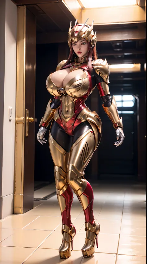 (1GIRL), (ssmile, red_libs, dark_hair), (horn mecha helmet:1.2), (BIG BUTTOCKS, HUGE FAKE BOOBS, CLEAVAGE:1.4), (PHOENIX MECHA GUARD ARM, GLOVES:1.3), (red, white, gold, MECHA CYBER SHINY ARMORED SUIT, MECHA SKINTIGHT PANTS, GUARD ARMOR LEGS, HIGH HEELS:1....