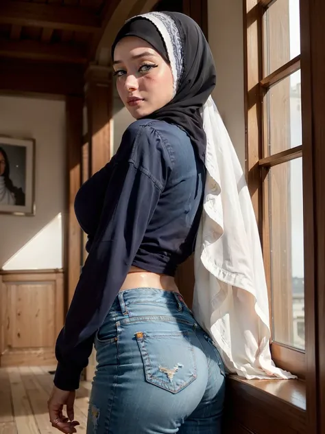 1fille, 21 ans, belle fille,Fille malaise (chemise blanche, Models), clavicule, beaux yeux bleus, ((Porter le hijab:1.4)), maquillage, building, Winter trench coat, jour, Ass in ripped denim pants, garni de fourrure_manteau, garni de fourrure_veste, fourru...