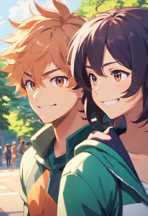 Katsuki Bakugo del anime Boku no Hero Academia parado junto a una chica. Hes looking to the side and shes smiling at him. The girl has long curly dark brown hair. De fondo hay un parque.