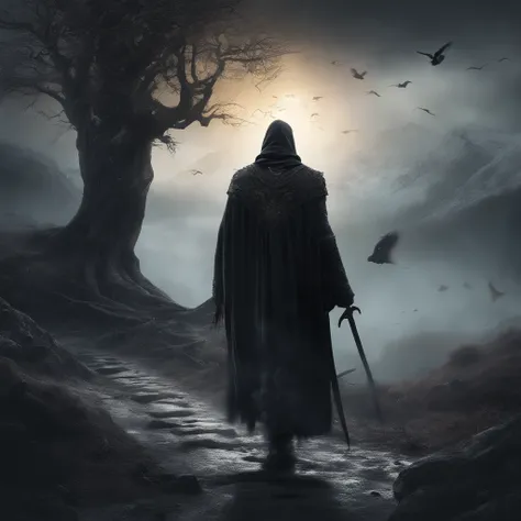 (best quality,4k,8k,highres,masterpiece:1.2),ultra-detailed,(realistic,photorealistic,photo-realistic:1.37),Norse god Odin,walking across an ancient road,wearing black cloths,accompanied by crows,old,weathered road,atmospheric fog,looming mountains,mythica...