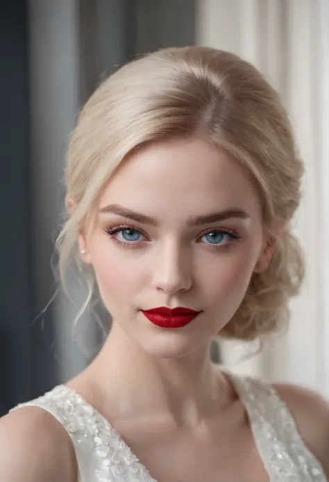 a pretty girl with blonde hair with slicked back hair dark blue eyes ,highly detailed, with red lipstick Wearing white dress at a business party