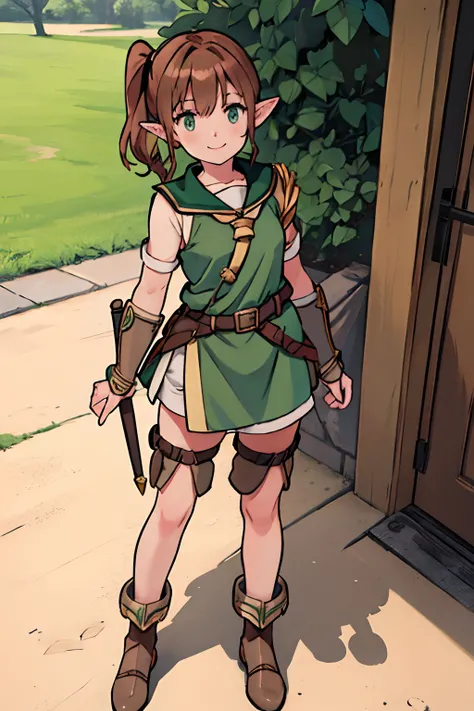 1 short girl, medium unkempt hair, Short side ponytail, Rosey skin, Light brown hair, Green eyes, Cloth Scout Armor, smiling playfully, Round short elf ears, full body, looking at viewer,