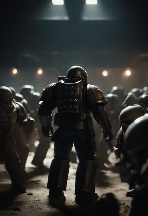 Warhammer 40k Space marine last stand against a horde of millions of plague zombies, image shot from behind the space marine, 3rd person view, hopeless, high detail, 8K, UHD