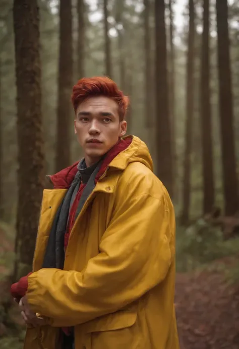 Guy with black eyes with red spiky hair wearing a yellow coat with the baggage on his back with brown skin in a chanted forest with a horse that’s White with red eyes at night time